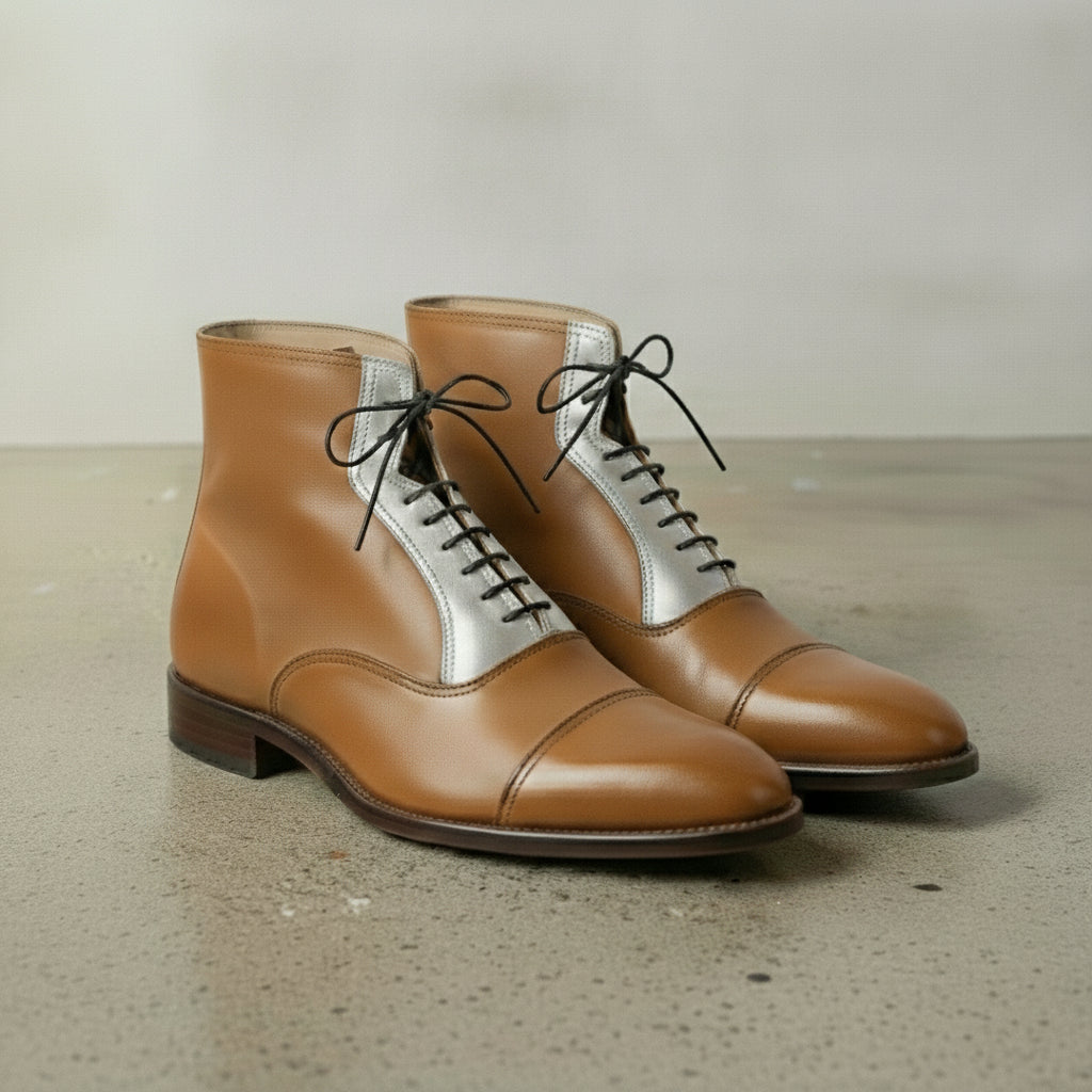 Men's Tan and Silver Cap-Toe Leather Ankle Boots — Clarendon