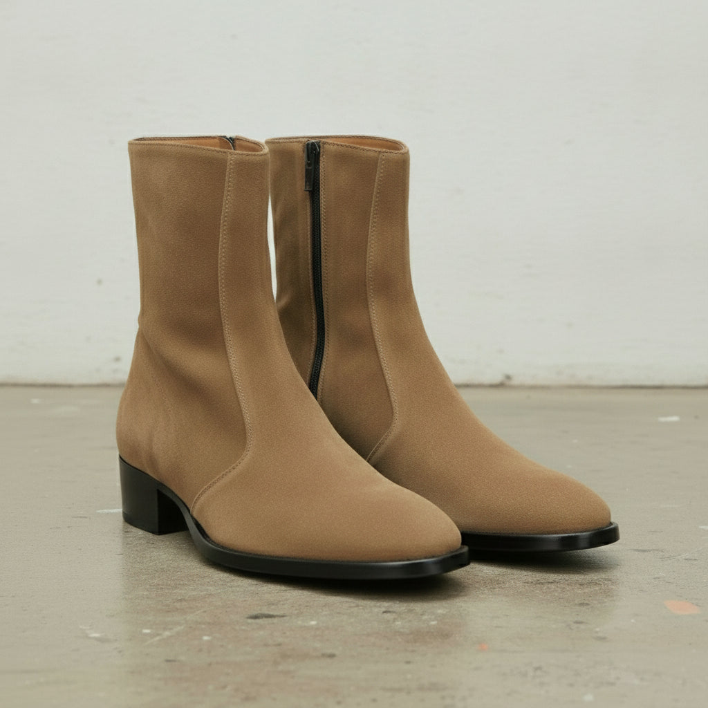Men's Tan Plain-Toe Suede Zipper Boots