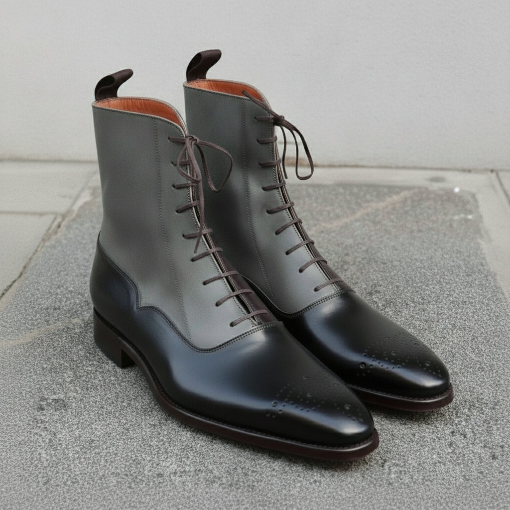 Men's Black and Grey Plain-Toe Leather Ankle Boots — Challow