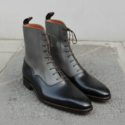 Men's Black and Grey Plain-Toe Leather Ankle Boots — Challow