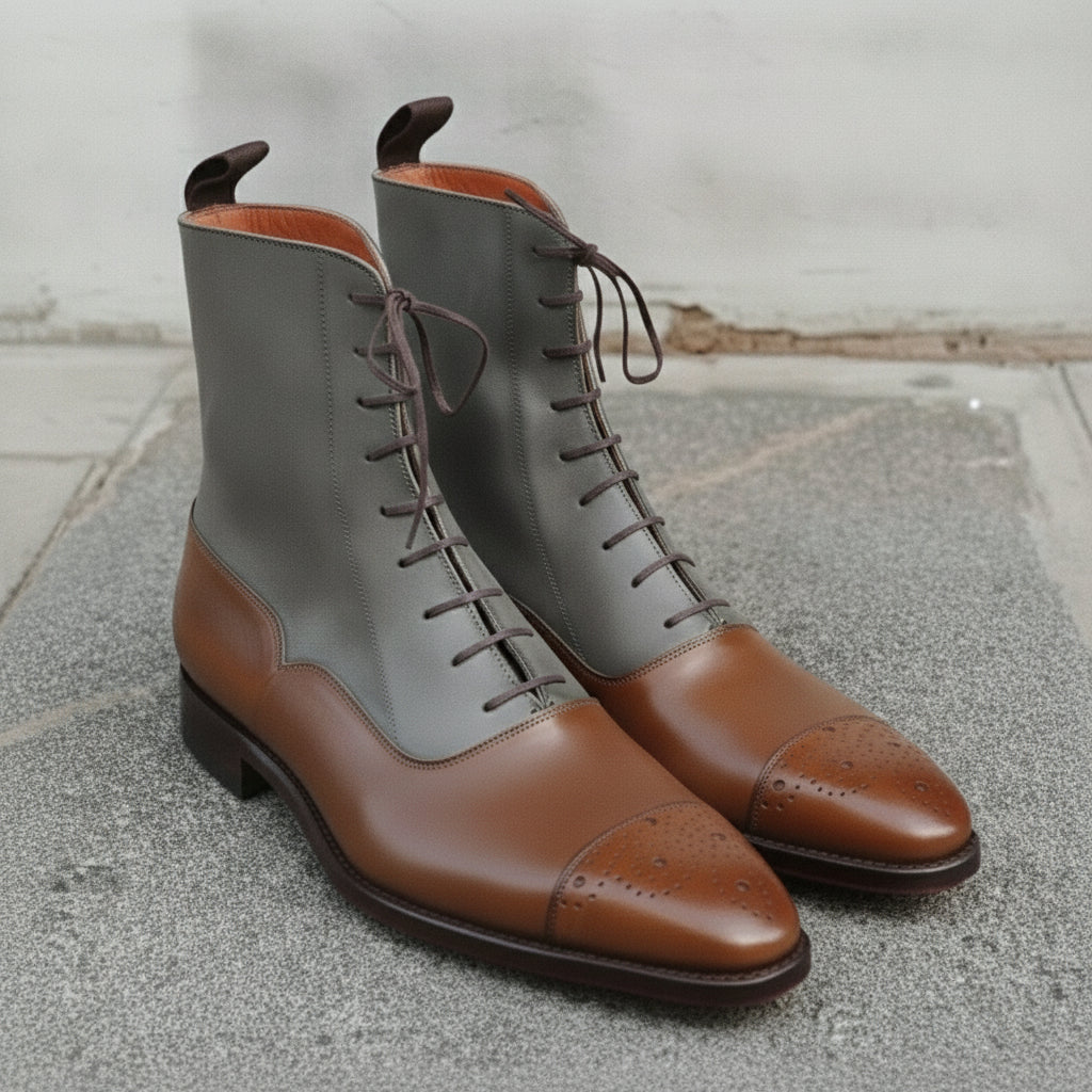 Men's Brown and Grey Plain-Toe Leather Ankle Boots — Challow