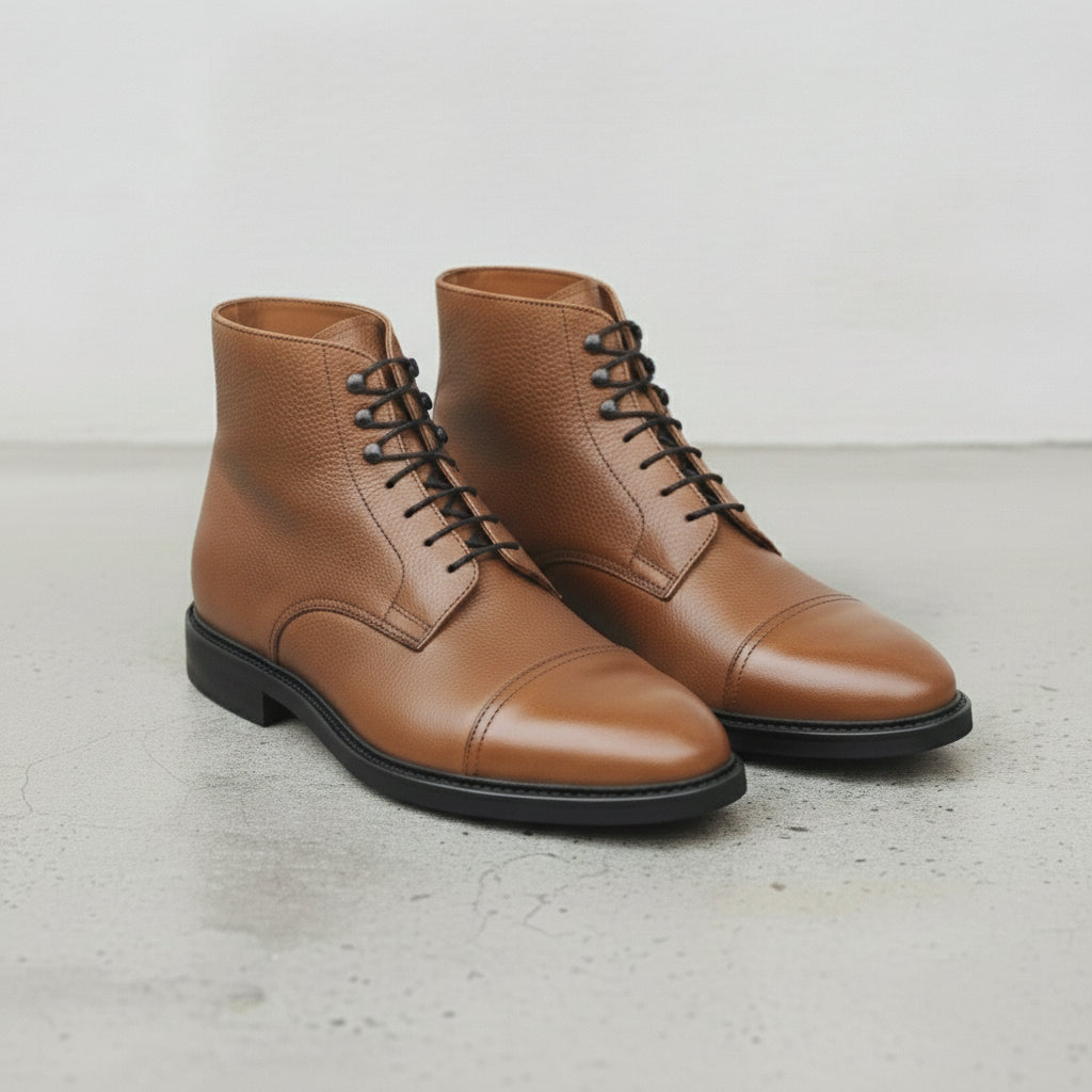 Men's Tan Cap-Toe Pebbled Leather Ankle Boots — Sleaford
