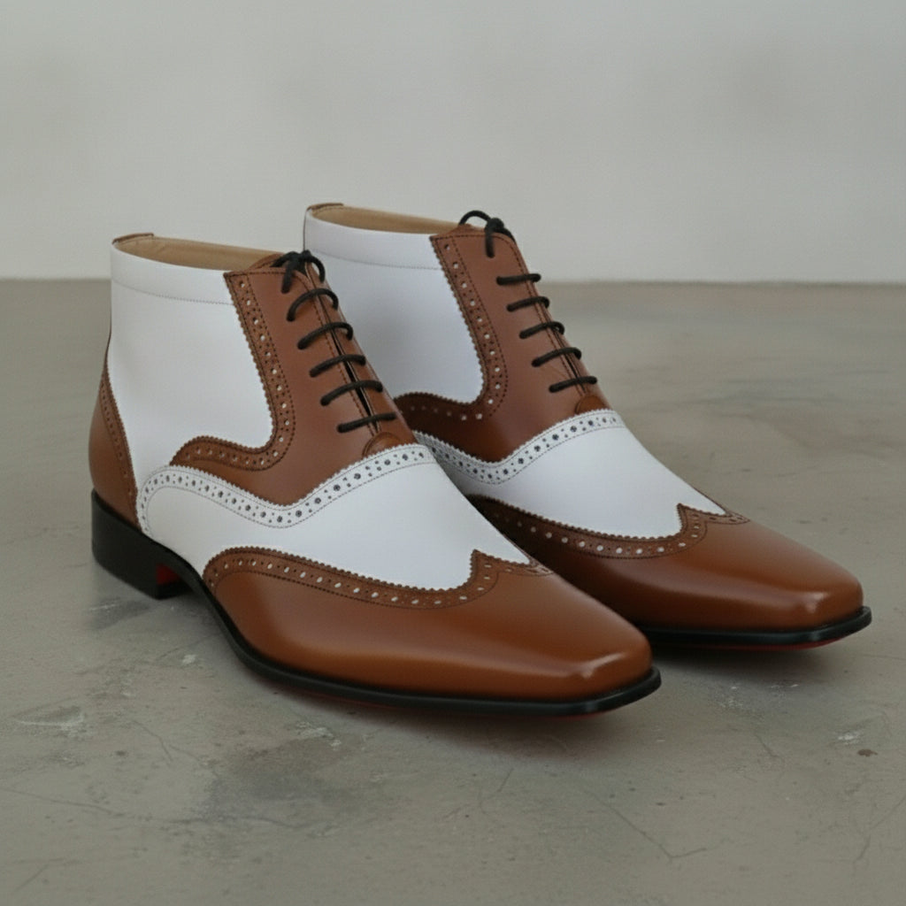 Men's Brown and White Wingtip Spectator Leather Ankle Boots — Donne