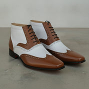 Men's Brown and White Wingtip Spectator Leather Ankle Boots — Donne