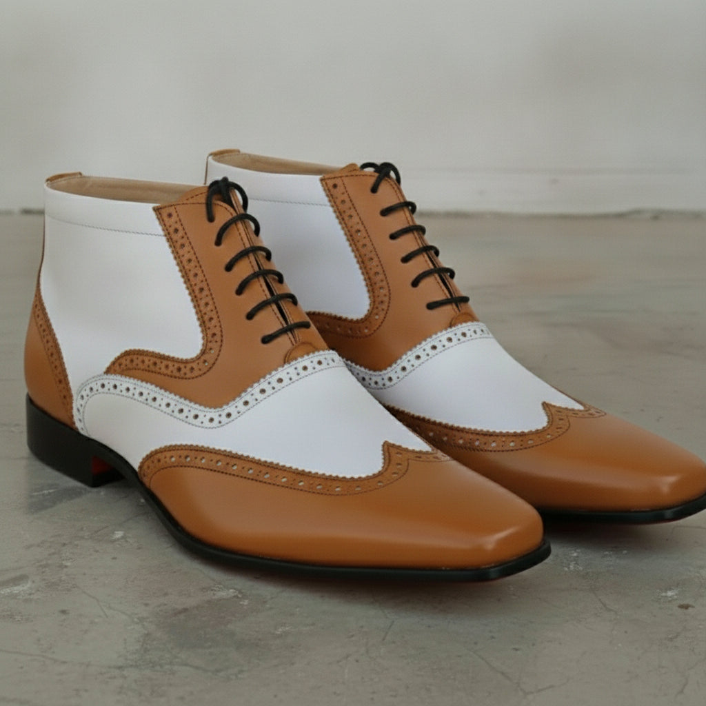 Men's Tan and White Wingtip Spectator Leather Ankle Boots — Donne