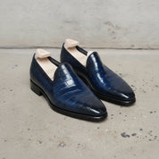 Men's Deep Burnished Navy Blue Alligator-Embossed Leather Venetian Loafers — Abbotsley