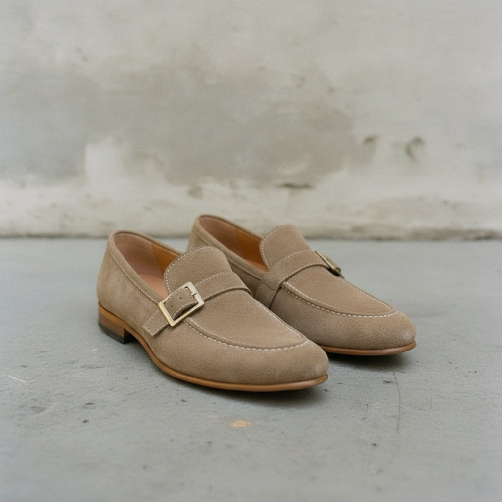 Men's Taupe Moc-Toe Suede Buckle Loafers