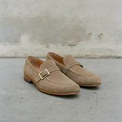 Men's Taupe Moc-Toe Suede Buckle Loafers