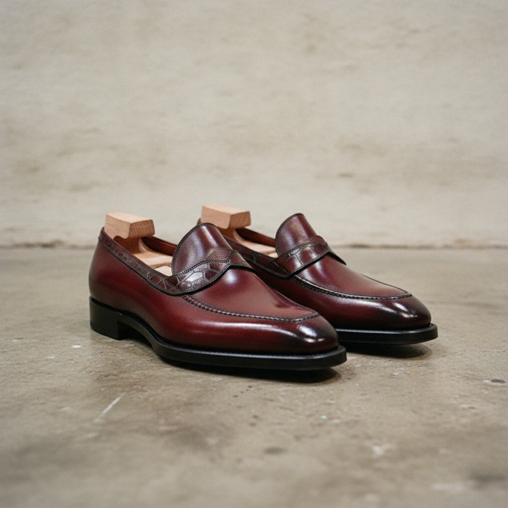 Men's Burgundy Moc-Toe Crocodile-Embossed Leather Penny Loafers — Abberforth