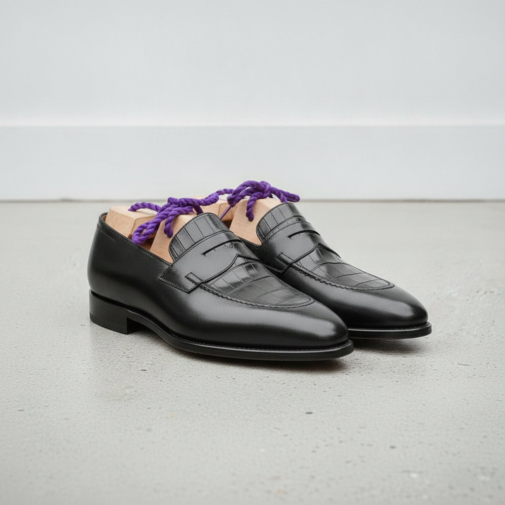 Men's Black Crocodile-Embossed Leather Penny Loafers — Aitchison