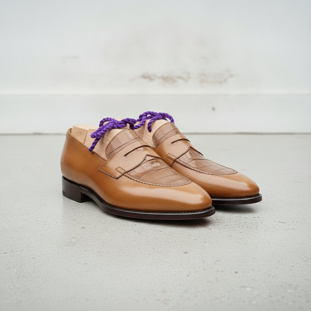 Men's Tan Crocodile-Embossed Leather Penny Loafers — Aitchison