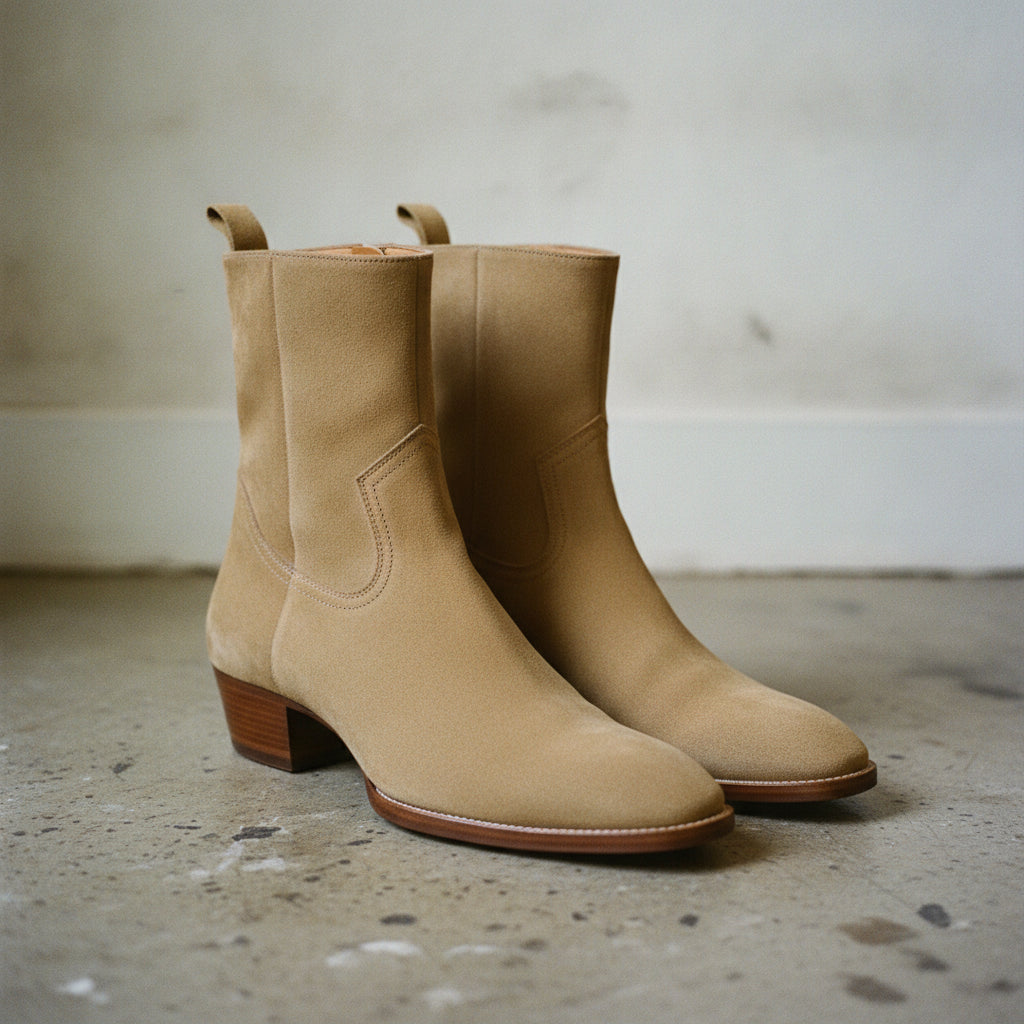 Men's Tan Suede Cuban Heel Ankle Boots — Ackland