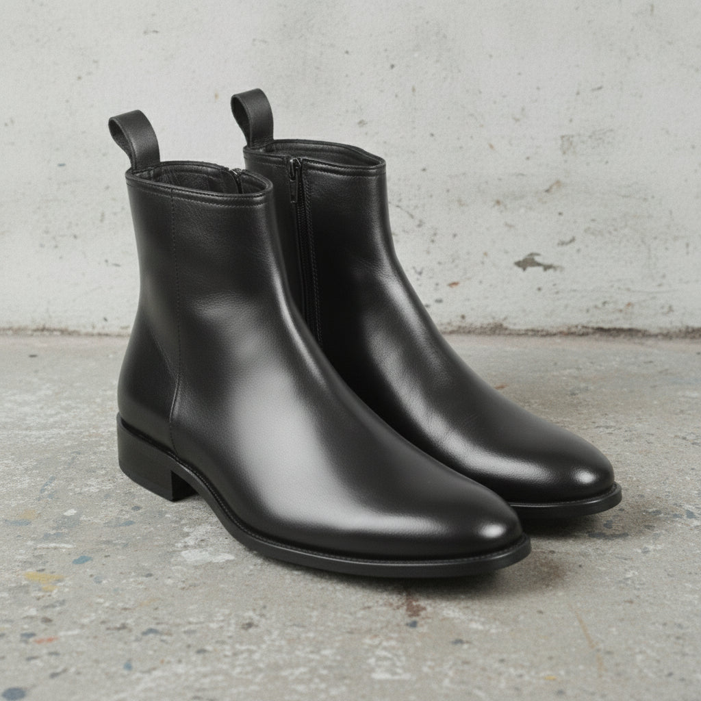 Men's Black Plain-Toe Leather Zip Boots — Bunton — Bunton