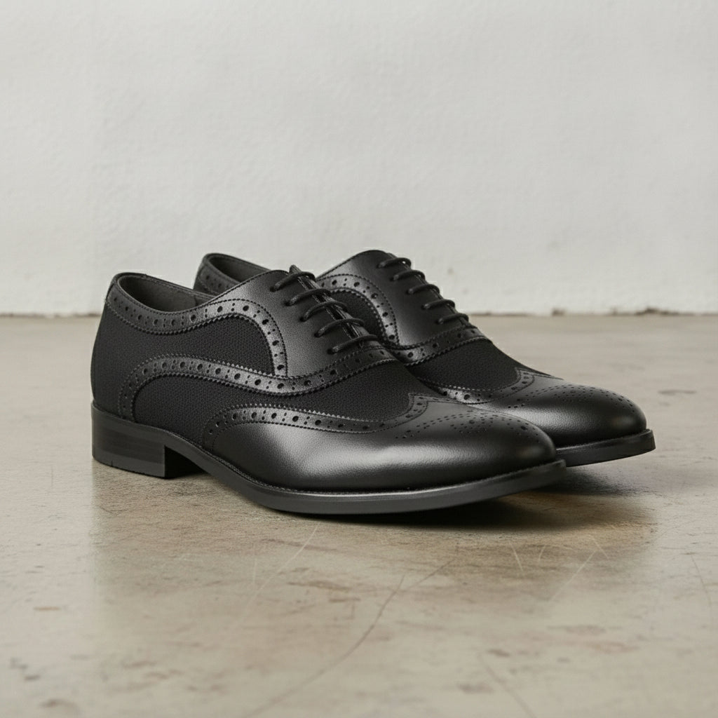 Men's Black Pebbled Leather Wingtip Oxfords — Neale