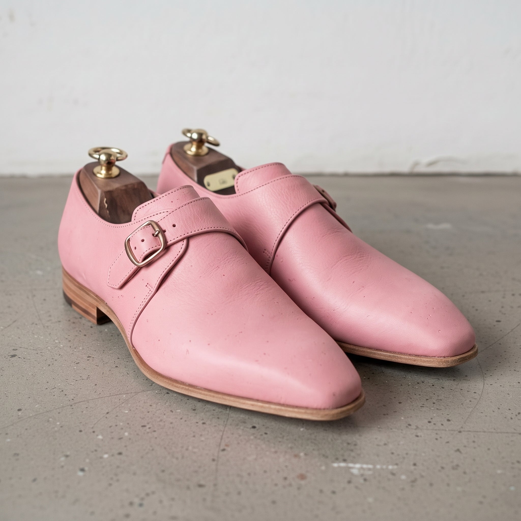 Men's Rose Pink Plain-Toe Leather Monk Strap Shoes — Attley