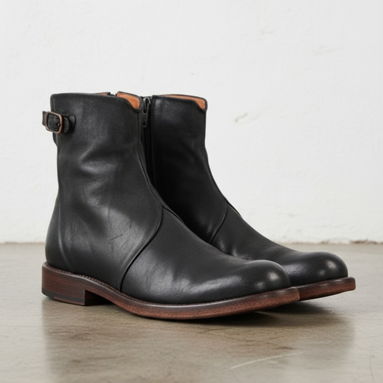 3-4-right-view - Men's Distressed Ankle Boots, Full-Grain Leather Ankle Boots, Buckle Strap Ankle Boots