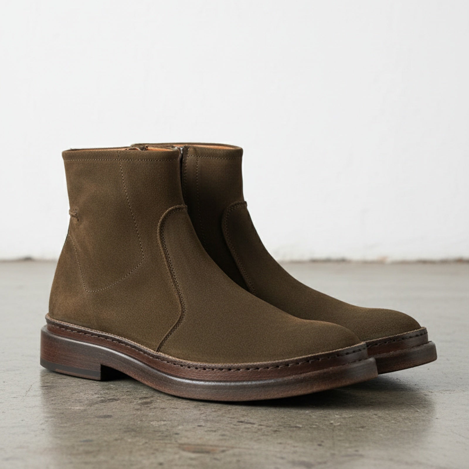3-4-right-view - Men's Olive Green Suede Ankle Boots, Distressed Suede Ankle Boots for Men, Slip-On Suede Ankle Boots