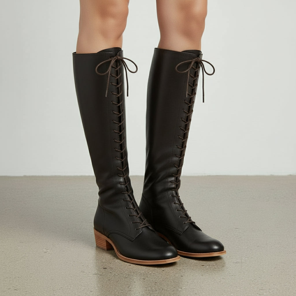 3-4-right-view - Women's Handmade Black Knee-High Lace-Up Leather Ankle Boots