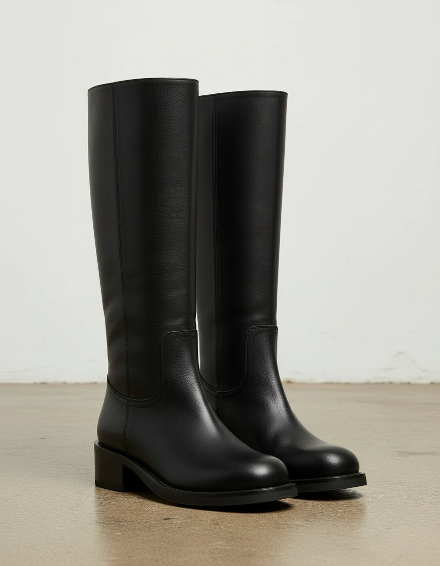 3-4-right-view - Women's Handmade Black Knee-High Riding Leather Boots