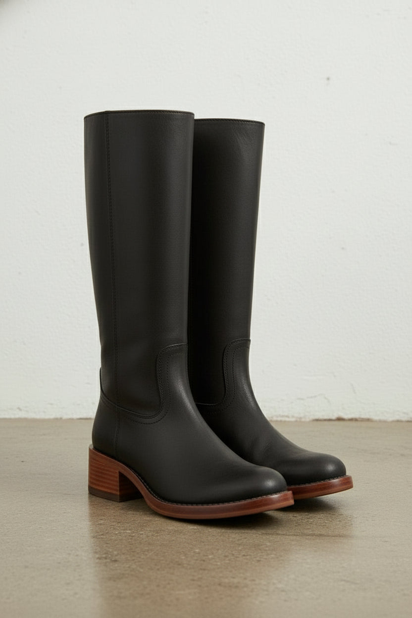 3-4-right-view - Women's Handmade Black Knee-High Riding Leather Boots