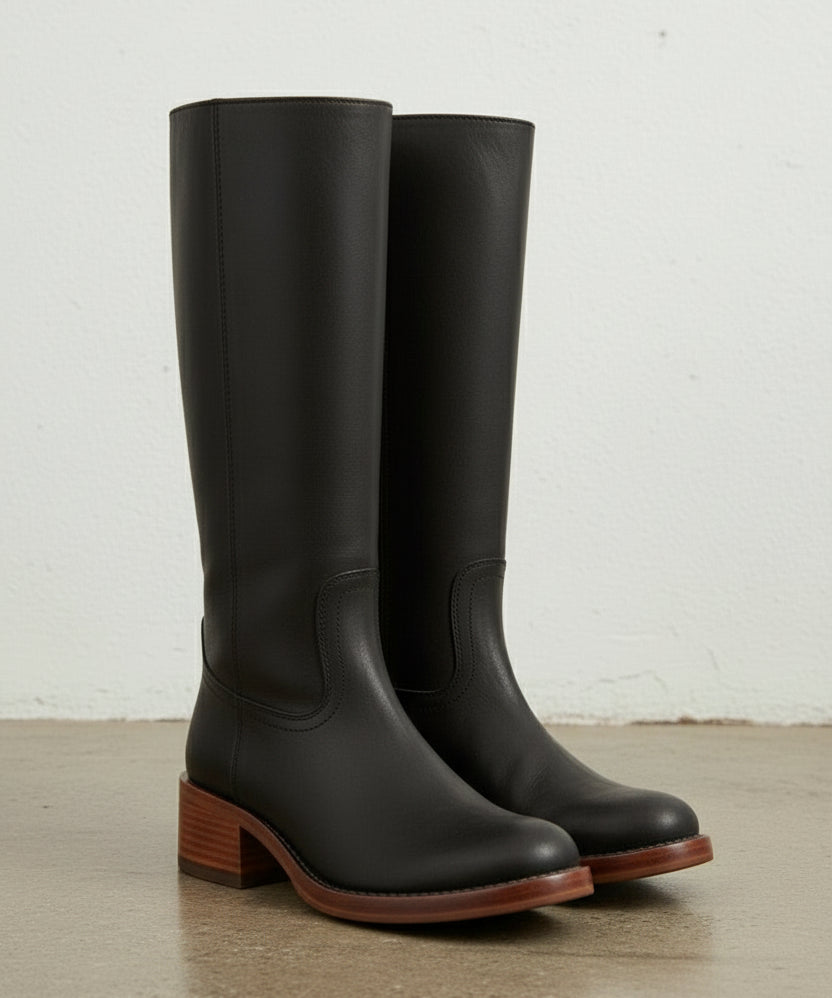 3-4-right-view - Women's Handmade Black Knee-High Riding Leather Boots