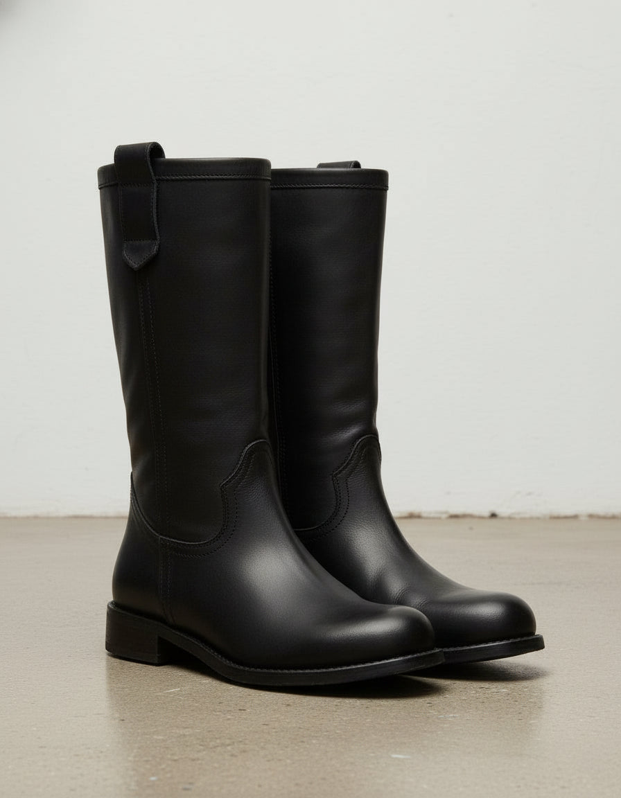 3-4-right-view - Women's Handmade Black Leather Flat Western Boots