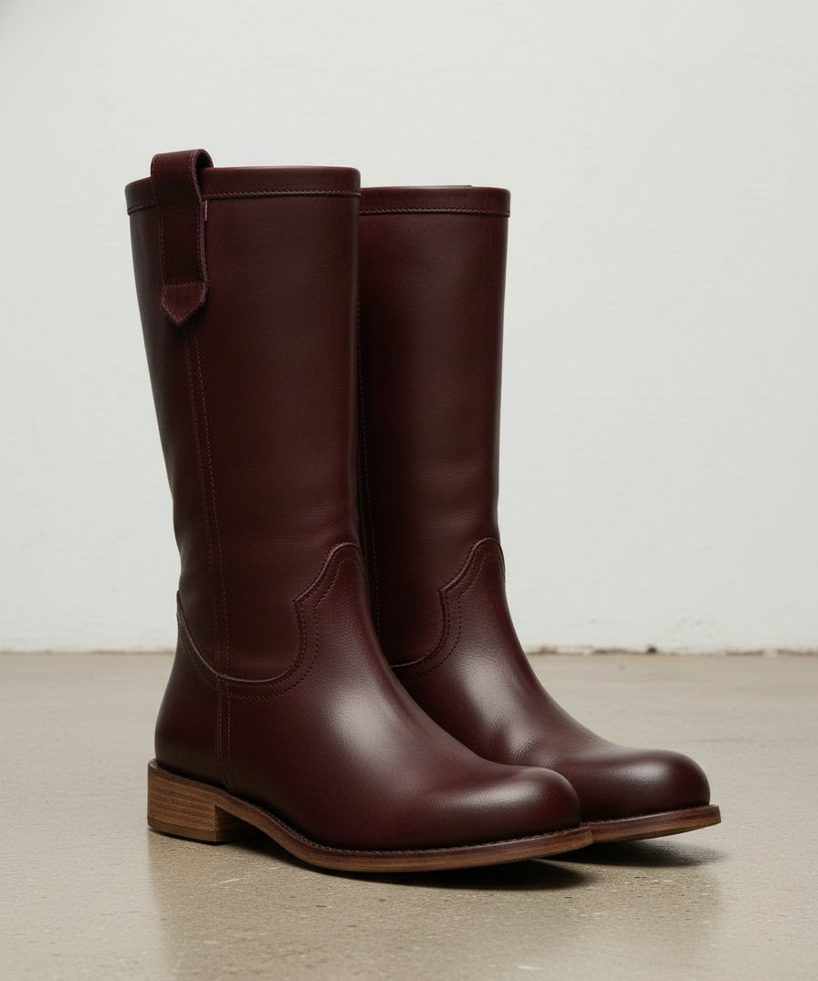 3-4-right-view - Women's Handmade Burgundy Leather Roper Mid-Calf Boots
