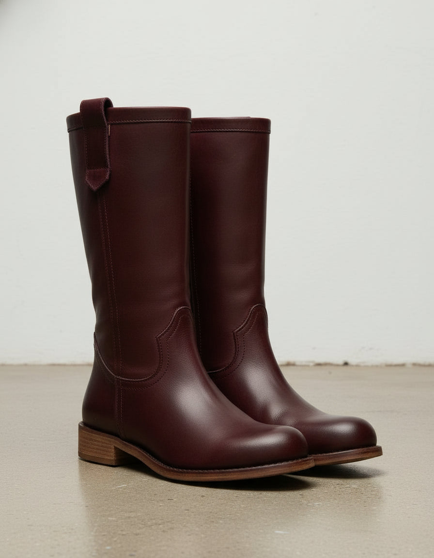 3-4-right-view - Women's Handmade Burgundy Leather Roper Mid-Calf Boots