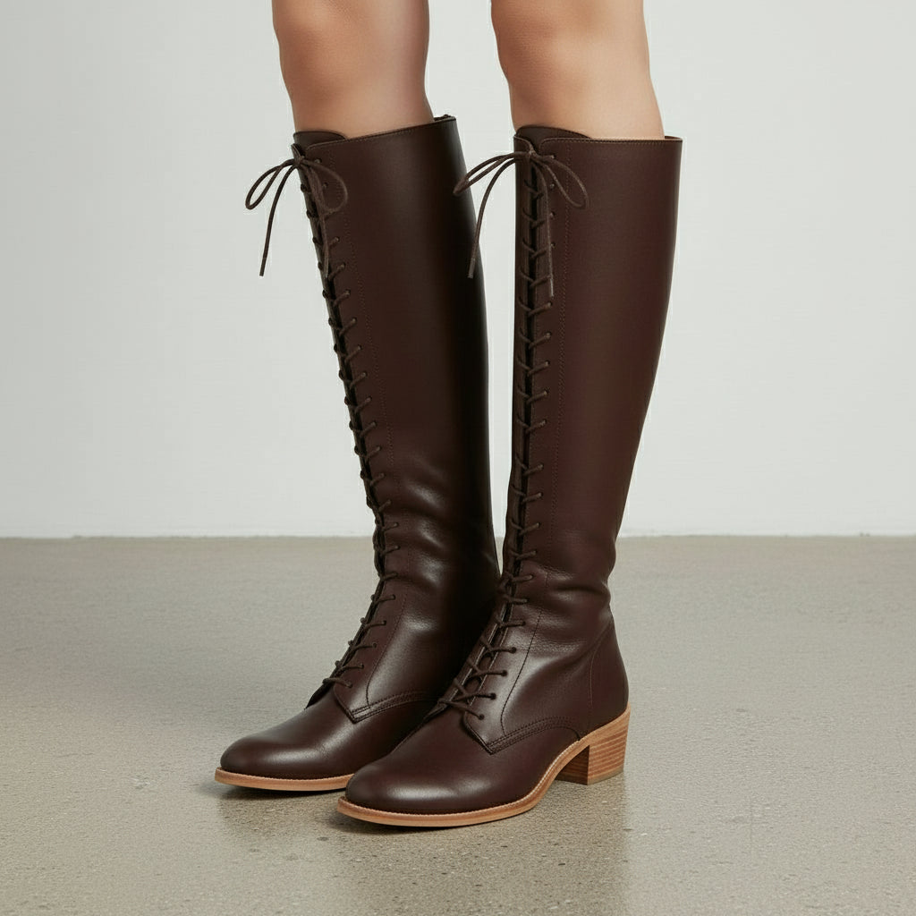3-4-right-view - Women's Handmade Chocolate Laced Knee-High Leather Boots