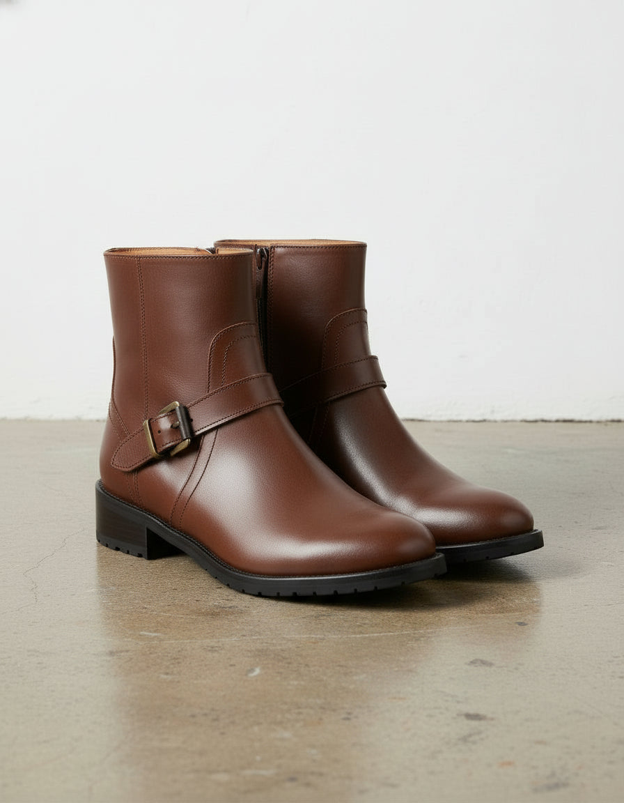 3-4-right-view - Women's Handmade Cognac Brown Leather Ankle Boots, The Artisan Moto / Harness Boot