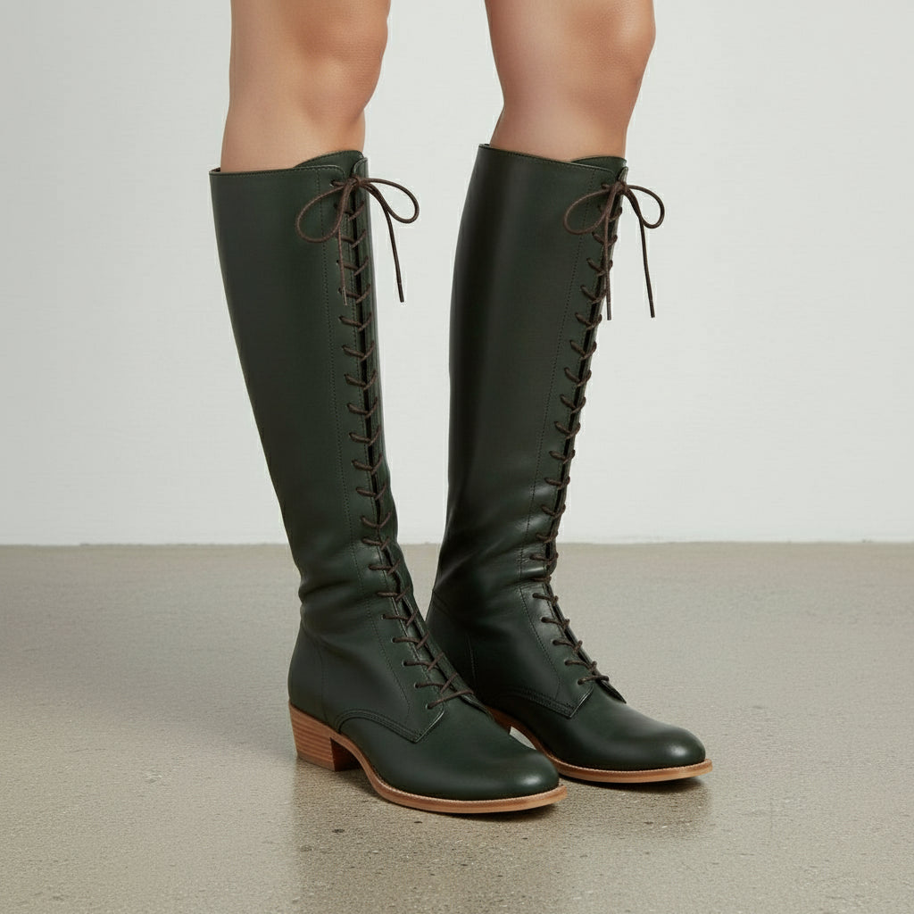 3-4-right-view - Women's Handmade Dark Green Knee-High Lace-Up Boots, Leather Laced Boot