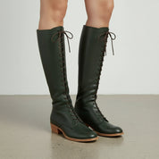 3-4-right-view - Women's Handmade Dark Green Knee-High Lace-Up Boots, Leather Laced Boot