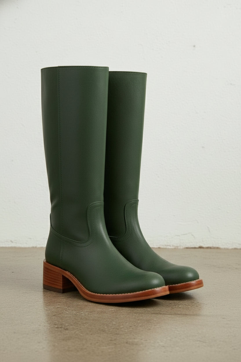 3-4-right-view - Women's Handmade Dark Green Knee-High Riding Leather Boots