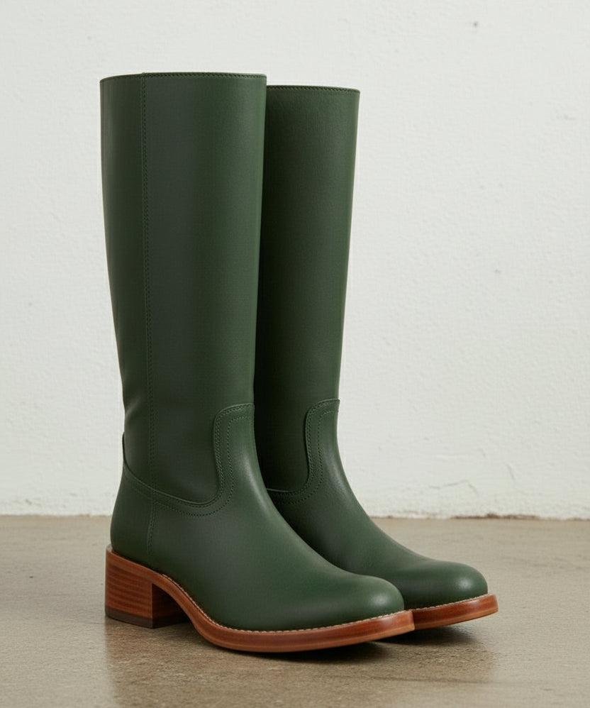 3-4-right-view - Women's Handmade Dark Green Knee-High Riding Leather Boots