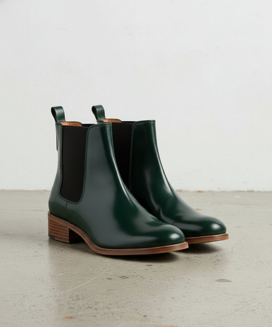 3-4-right-view - Women's Handmade Dark Green Leather Chelsea Boots