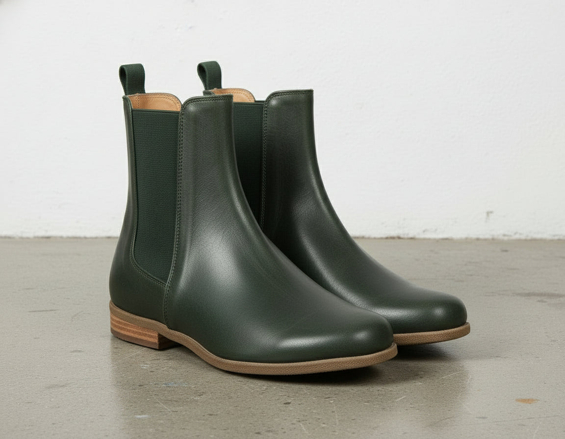 3-4-right-view - Women's Handmade Dark Green Leather Chelsea Boots