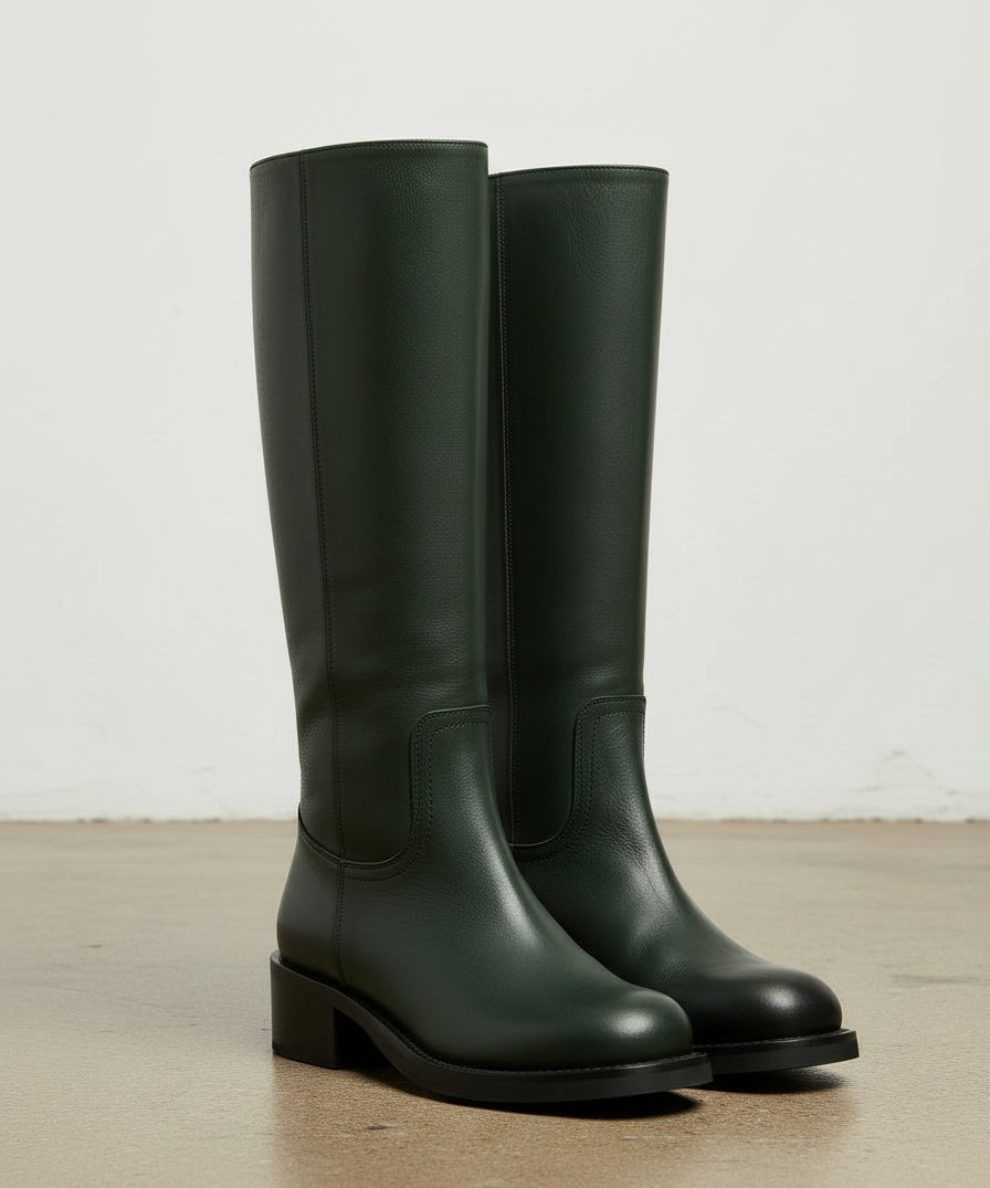 3-4-right-view - Women's Handmade Dark Green Leather Knee-High Riding Boots