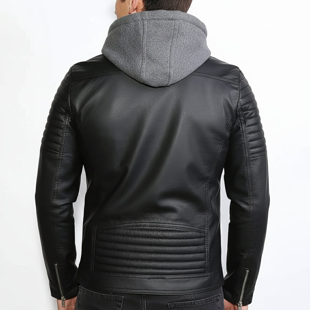 Men's Handmade Black Hooded Biker Leather Jacket