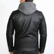Men's Handmade Black Hooded Biker Leather Jacket