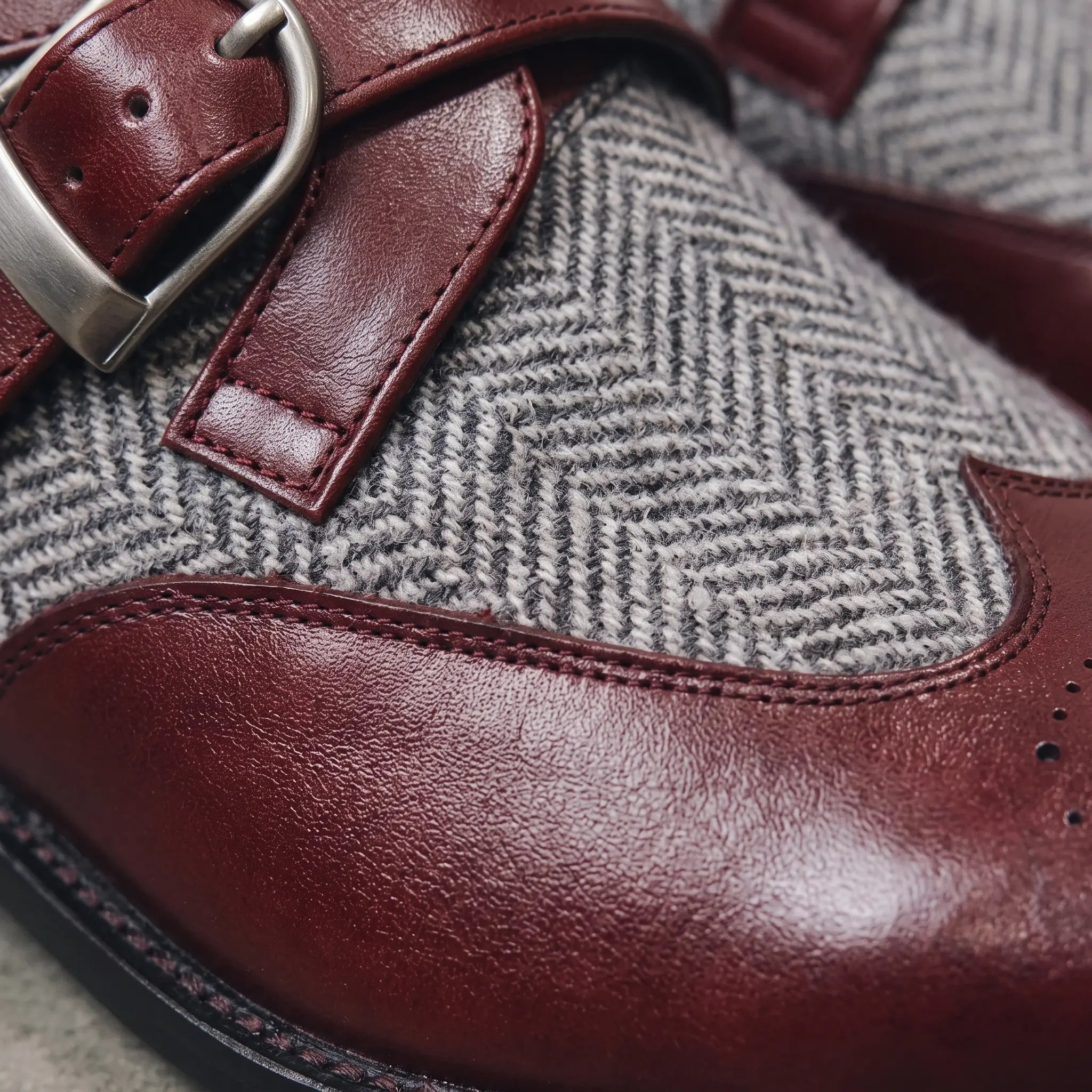Men's Burgundy and Grey Wingtip Leather and Monk Strap Shoes — Amory