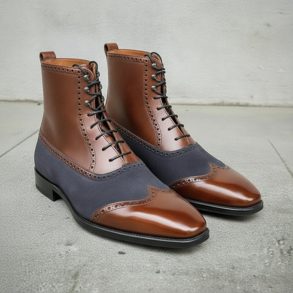 Men's Brown and Dark Blue Cap-Toe Leather Ankle Boots