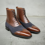 Men's Brown and Dark Blue Cap-Toe Leather Ankle Boots