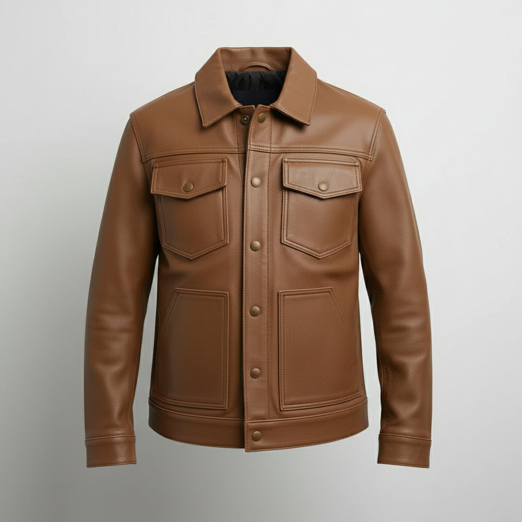 Men's Handmade Brown Leather Trucker Jacket