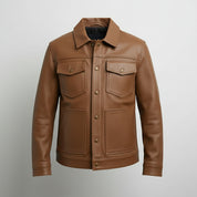 Men's Handmade Brown Leather Trucker Jacket