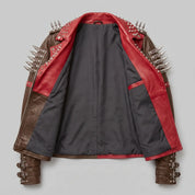 Women's Brown and Red Asymmetric Zip Leather Perfecto Biker Jacket — Angus