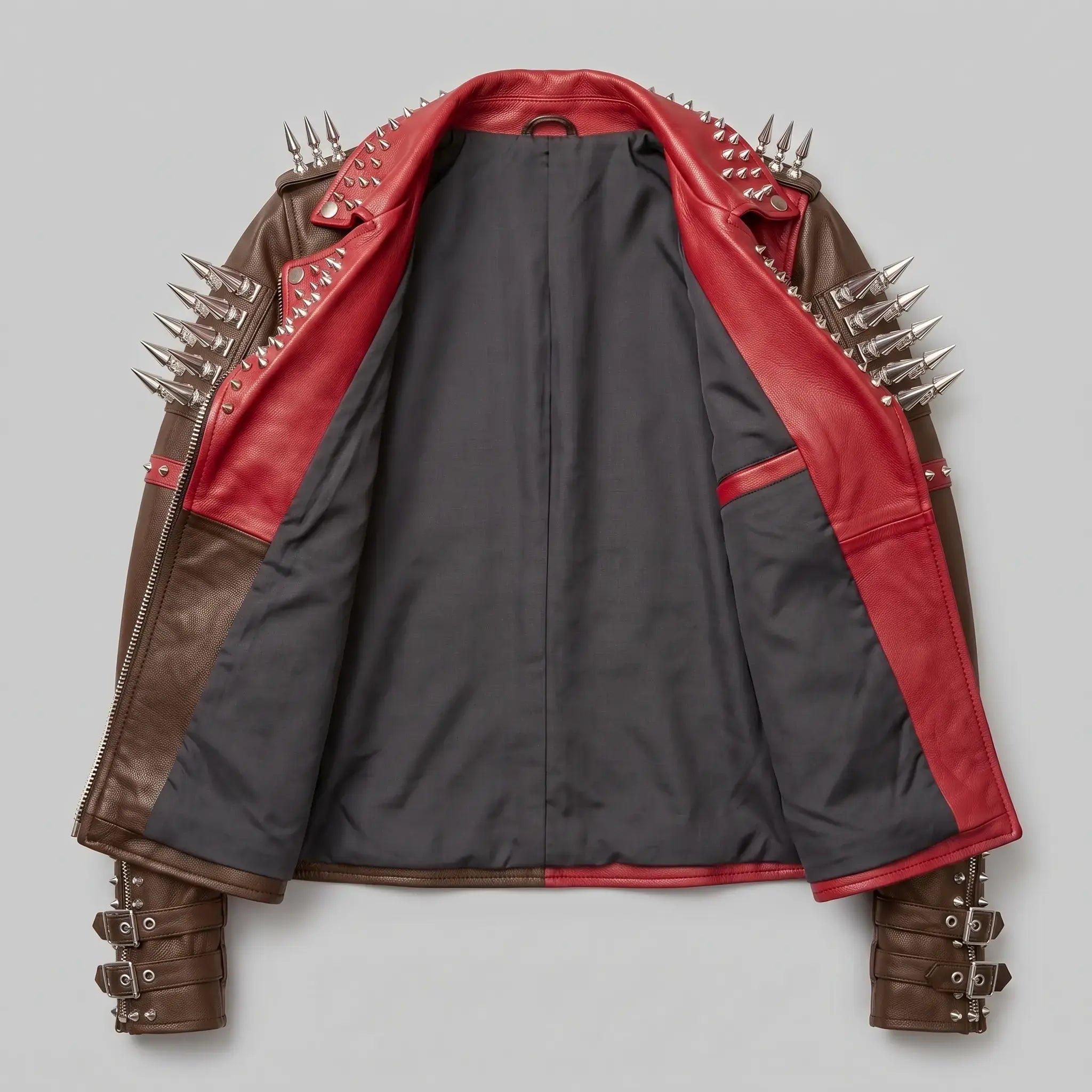 Women's Brown and Red Asymmetric Zip Leather Perfecto Biker Jacket — Angus