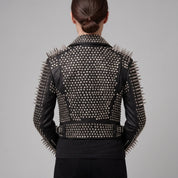 Women's Black Studded Leather Biker Jacket — Derrington