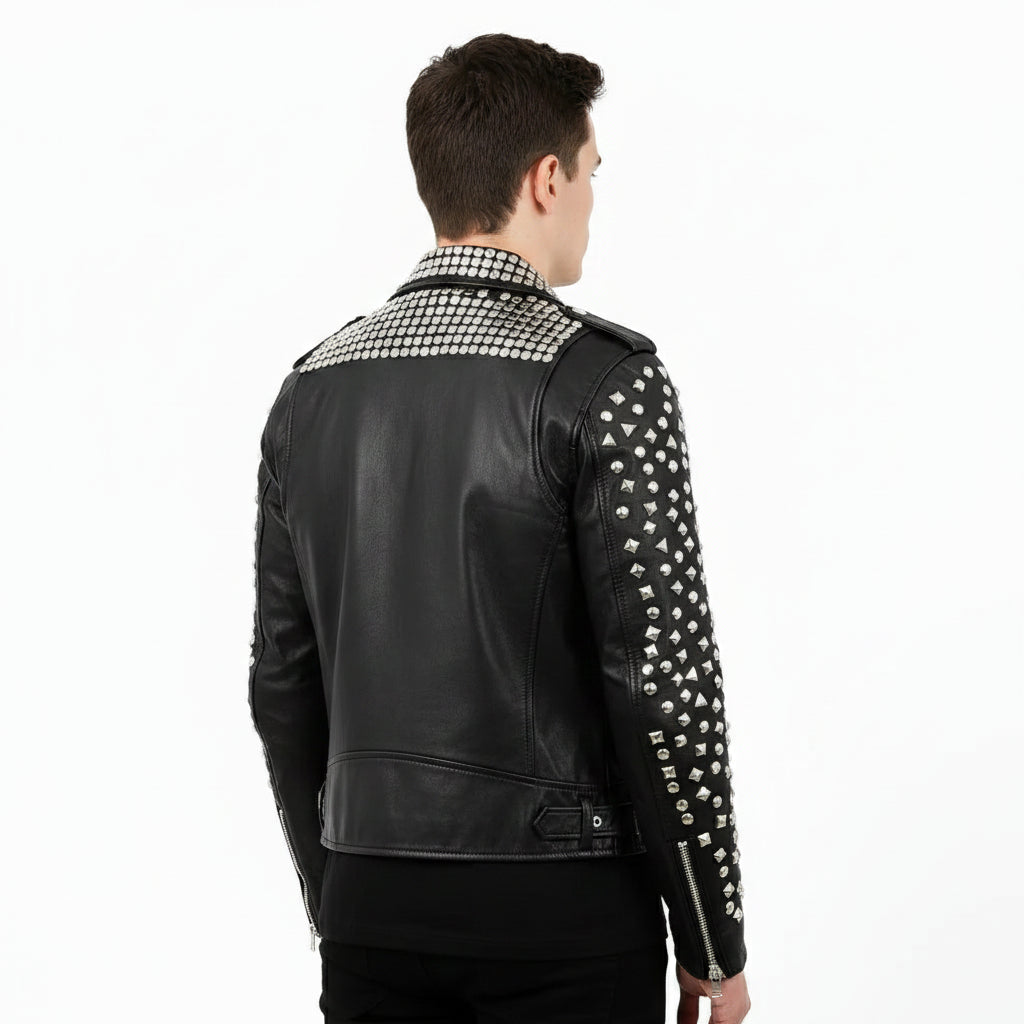 Handmade Mens Brando Biker Rock Punk Studded Black Motorcycle Cowhide Leather Jacket