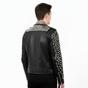 Handmade Mens Brando Biker Rock Punk Studded Black Motorcycle Cowhide Leather Jacket