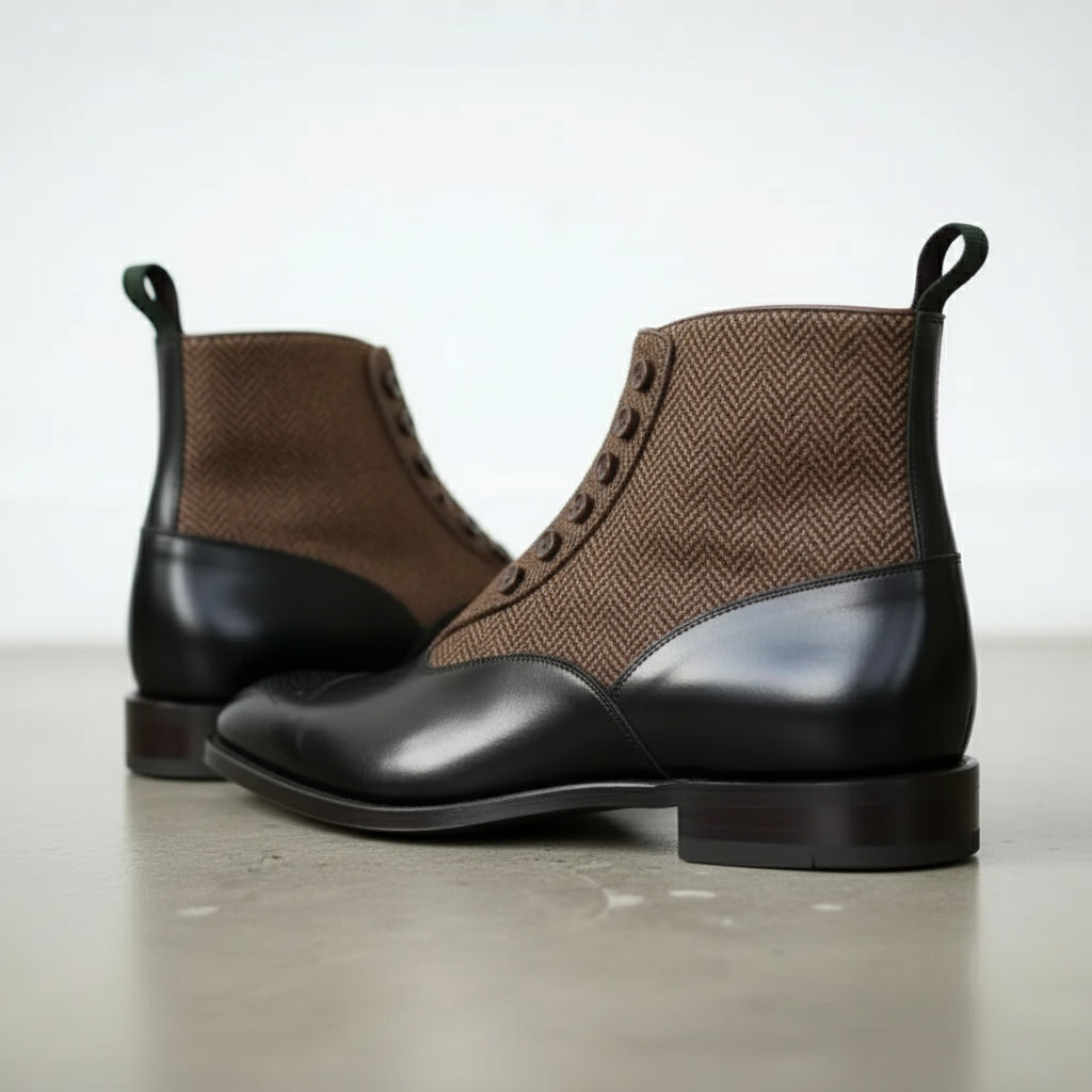 Men's Black Button Leather Boots